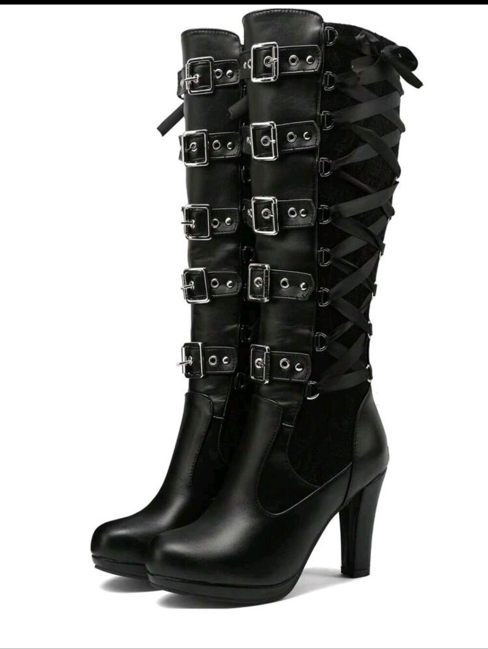 Women’s Black Buckle Lace-Up Knee High Heeled Boots